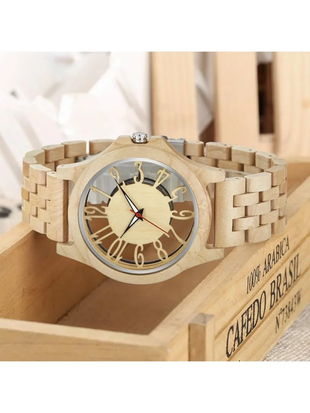 Men Cream Quartz Solid Ebony Zebra Fold over Clasp Wood Strap Round Wooden Watch